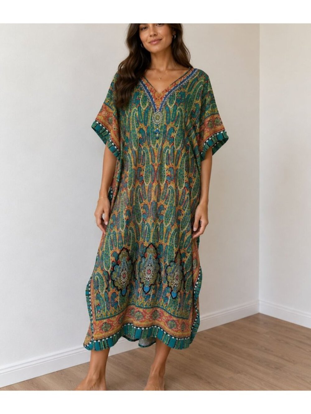 Jessica Taylor Boho Kaftan Dress Paisley VNeck Short Sleeves One Size